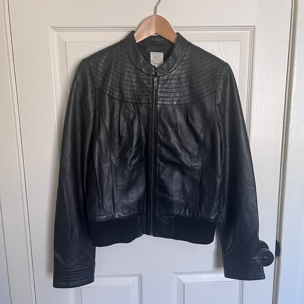 Halogen Black Leather Jacket with Stitched Detailing